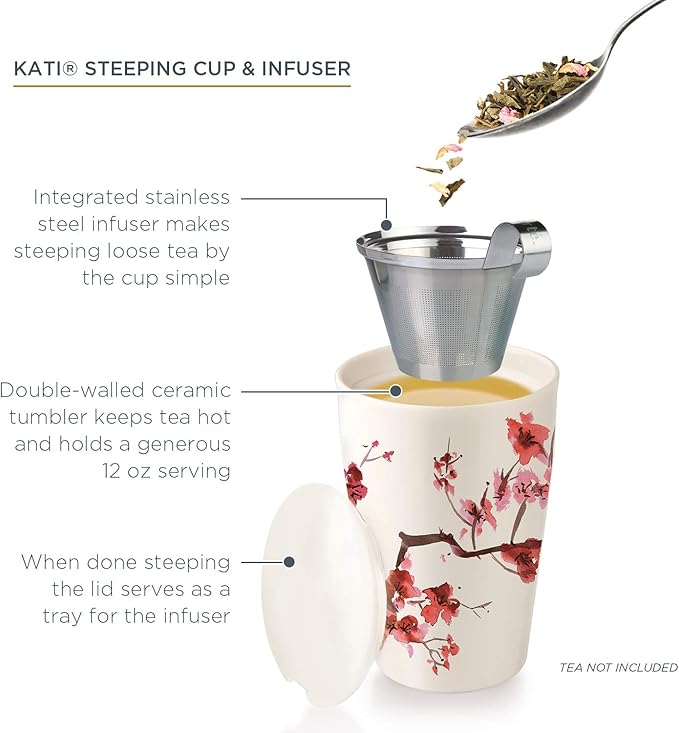 Tea Forte Double-Walled Ceramic Kati Cup, Removable Stainless Steel Infuser Basket and Lid, Steeps 12 oz Loose Leaf Tea, Dishwasher & Microwave Safe, Cherry Blossom - Bloomnest