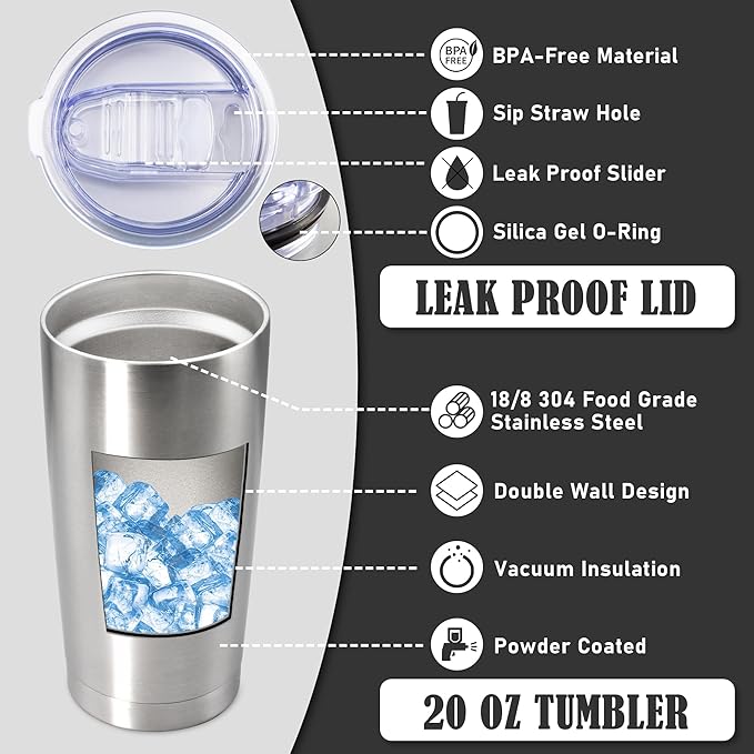 20 oz Tumbler Coffee Travel Tumblers Bulk with Lid Stainless Steel Double Wall Vacuum Insulated Mug Powder Coated Cups fit Car Cupholder for Hot and Cold - Stainless Steel, 12Pack - Bloomnest