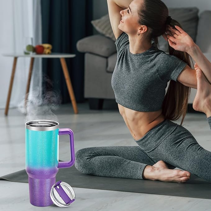40 oz Tumbler with Handle and Straw Lid, Vacuum Insulated Leak Proof Double Walled Stainless Steel Glitter Travel Mug Tumblers, Maintains Cold Ice and Heat for Hours(Green Purple Gradient) - Bloomnest