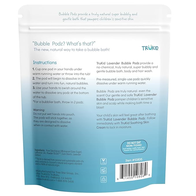 TruKid Bubble Podz Bubble Bath for Kids, Toddlers, & Babies, Tear Free Gentle & Refreshing Bath Bomb for Sensitive Skin with Natural Moisturizers, Non-Toxic, pH Balanced, Lavender Scent (60 Podz) - Bloomnest