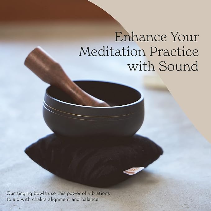 Mindful & Modern Tibetan Singing Bowl Set | Deepen Your Meditation and Yoga Practice | Experience Mindfulness & Stress Relief | Beautifully Designed & Provides Excellent Sound | Chakra Healing | Black - Bloomnest