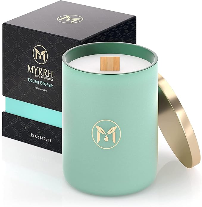 MyrrhUSA Ocean Breeze Scented Candle – 15 oz Natural Soy Wax with Crackling Wooden Wick & Essential Oils | 80 Hour Burn | Luxury Aromatherapy Candle for Relaxation, Home Décor, Living Room & Bathroom - Bloomnest