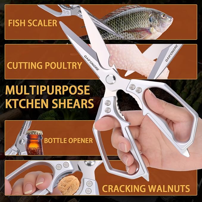 Professional Kitchen Scissors - Heavy Duty Stainless Steel Shears for Poultry, Meat, Fish | Dishwasher Safe, All-Metal Construction with Ergonomic Handle - Bloomnest
