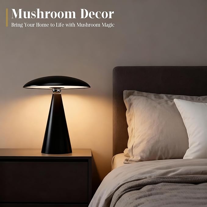 Mushroom Aesthetic Cute Lamp,Magnetic Mid Century Modern Lamp with 3-Mode Lighting for Unique Home Mushroom Decor,Cordless USB Rechargeable Lamps for Bedside/Dorm/Office/Entryway Decor(Black) - Bloomnest