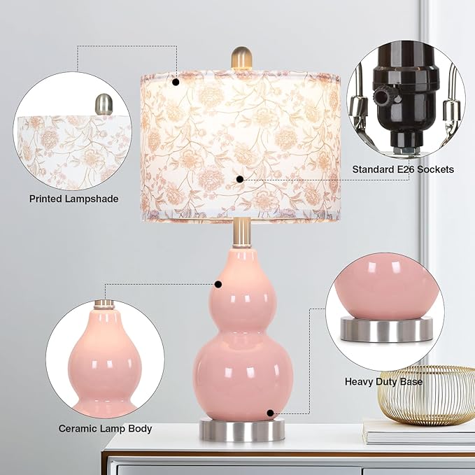Pink Double Gourd Ceramic Lamps Set of 2 with Flower Lampshade, Modern Table Lamps for Living Room, Contemporary Nightstand Bedside Lamp for Bedrooms End Tables Office Dorm Decor(2 LED Bulbs Included) - Bloomnest