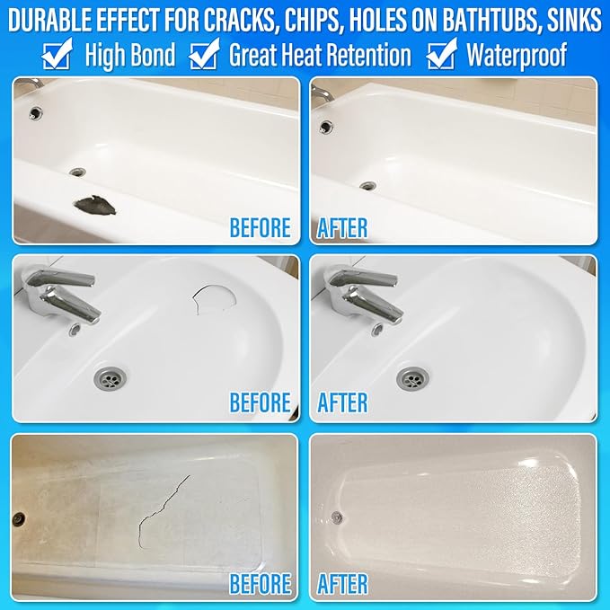 Tub Repair Kit White, Tub Chip and Bathtub Repair Kit for Enamel, Fiberglass, Acrylic, Porcelain, Patch and Repairs Chips, Crack, Scratches, Rust, Holes on Tubs, Toilet, Sink, Shower, Tray in Bathroom - Bloomnest