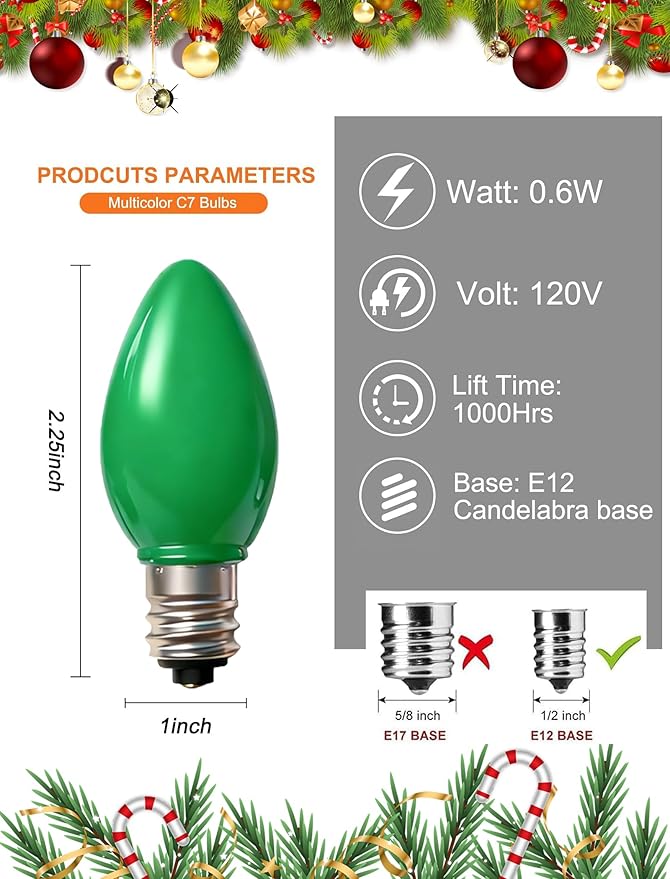 25 Pack C7 LED Multicolor Replacement Bulbs, Christmas Multicolor Ceramic LED Light Bulbs Vintage Light Bulbs for Christmas Indoor Outdoor String Lights, E12/C7 Candelabra Base, 0.6 Watt - Bloomnest