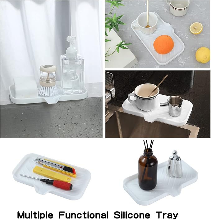 Silicone Bathroom Soap Dishes with Drain Spout-Bathroom and Kitchen Sink Organizer,Sponge Holder,Dish Soap Tray,Perfect for Dispenser,Scrubber,Bottle,Cup on Sink or Counter-White 9.6"×5.3" - Bloomnest