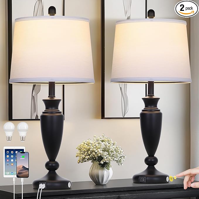 27'' Black Table Lamps Set of 2, 3 Way Touch Control Living Room Lamps with USB A+C Ports, Modern Bedside Lamps, Elegant Metal Nightstand Lamps for Bedroom Office End Table Decoration - Bloomnest