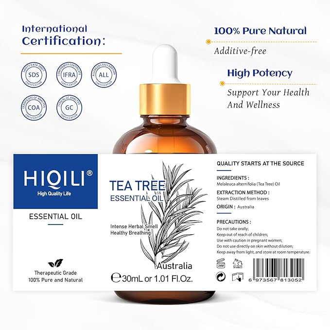 HIQILI Tea Tree Oil for Skin, Hair, Toenail, Add to Shampoo, Body Wash, Soap, Foot Soak - 1.01 Fl Oz - Bloomnest