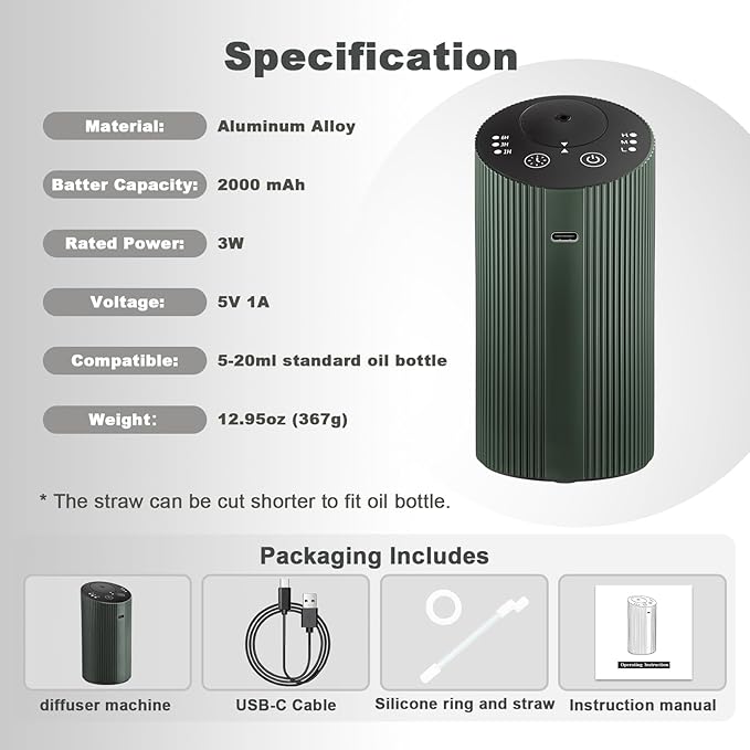 Waterless Essential Oil Diffuser with 4 Timer (1/3/6H & Off) & 3 Mist(L/M/H), Air Scent Diffuser for Home Car Office, Rechargeable Aromatherapy Diffuser, Portable Mini Aroma Diffuser, Dark Green - Bloomnest