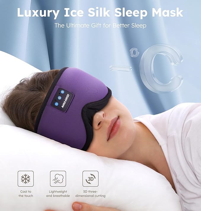Ice Silk Sleep Mask with Headphones, Sleep Headphones for Side Sleeper with 3D Cups, Bluetooth 5.4 Sleeping Eye Mask, Total Blackout Sleeping Headphones for Women Men(Purple) - Bloomnest