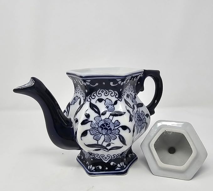 Teapot Blue and White Porcelain 16 Ounce China, Coffee Pot， Hexagonal