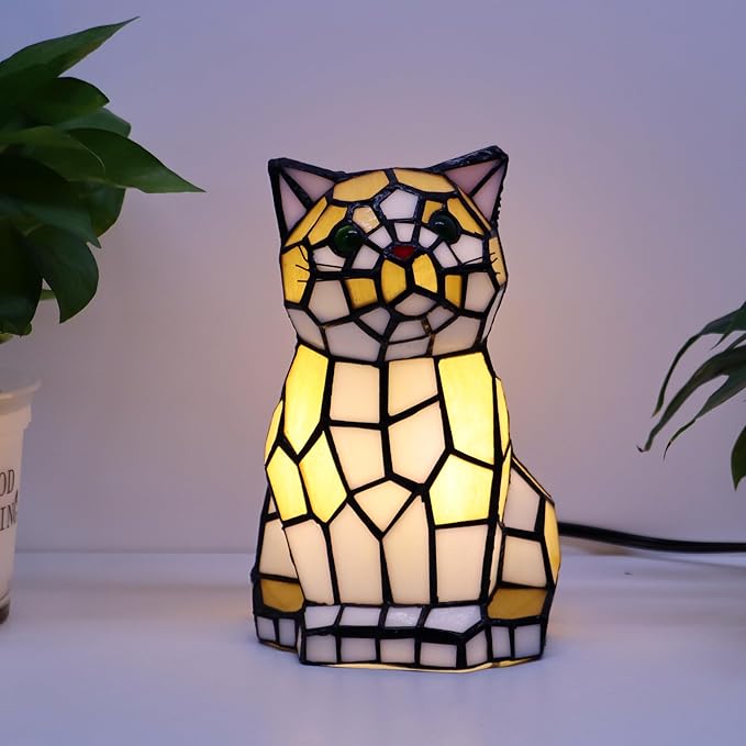 Tiffany Cat Lamp Yellow and White Stained Glass Animal Table Lamp Accent Lamp - Bloomnest