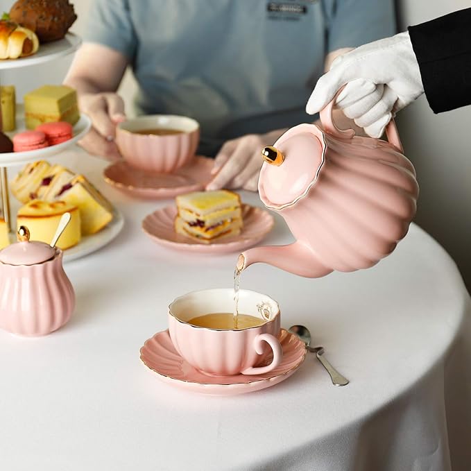 Amazingware Royal Teapot, Porcelain Tea Pot with Stainless Steel Infuser, with a Filter for Loose Tea, Pumpkin Fluted Shape - 28 oz, Pink - Bloomnest