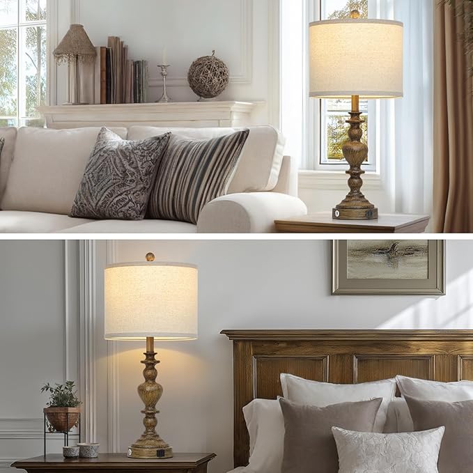 27" Vintage Table Lamps Set of 2, Farmhouse Resin Bedside Lamp with USB C+A Ports & AC Outlet, 3-Way Dimmable Touch Control Lamps for Living Room Bedroom Nightstand Antique Brown Washed Wooden Finish - Bloomnest