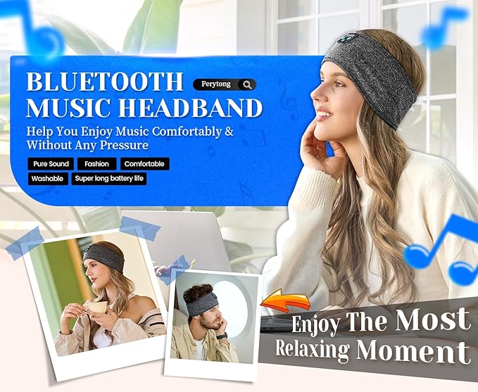 Perytong Sleeping Headphones Bluetooth Headband, Soft Long Time Play Sleeping Headsets with Built in Speakers Perfect for Workout,Running,Yoga,Travel, Darkgray - Bloomnest