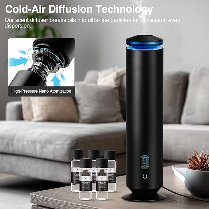 Waterless Scent Diffuser Starter Kit - 1500 Sq Ft Coverage, Scent Diffuser for Home, Hotel, Studio, Essential Oil Diffuser Large Room, 7 Mood Lights Setting, 5 Essential Oils Included, Black, 11.50In - Bloomnest