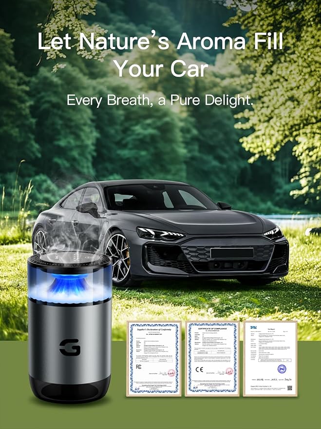 Smart Car Air Freshener Diffuser, Waterless Essential Oil Diffuser with 4 Modes, 4 Scent Refills, Auto On/Off, USB - C Rechargeable Wireless, Ambient Light for Home/Car (5502-Gunmetal Grey) - Bloomnest