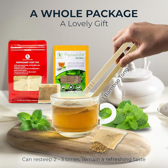 Peppermint Tea Bags - 15 Count, Mini Tea Samplers, Bamboo Tong Included, Re-Steep Herbal Tea, Cool Fresh Breath, Warm Heat, Stomach Relief, Relax, Support - Bloomnest