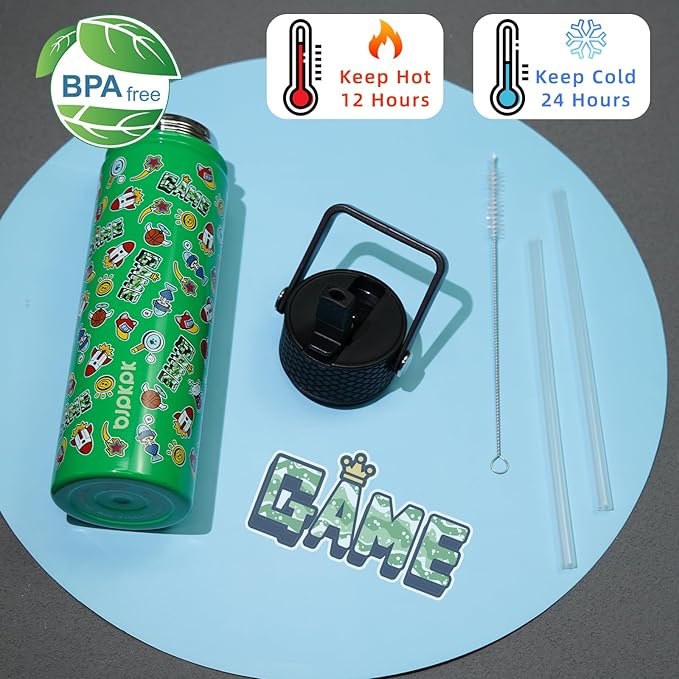 BJPKPK Insulated Water Bottle with Straw Lid, 22 oz Stainless Steel Metal Water Bottles, Reusable Leak Proof BPA Free Water Bottles, Cups, Thermo, Game - Bloomnest