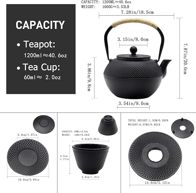 YJX 40.6 fl oz Cast Iron Teapot Set, Japanese Tetsubin Tea Set with Cast Iron Teacups, Small Tea Kettle Set with Strainer for Loose Tea, Enameled Interior (1200ml Tea Set with Cups and Saucers) - Bloomnest