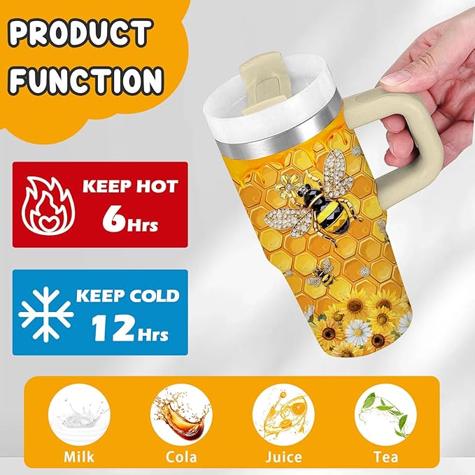 14oz Bee Tumbler with Handle, Stainless Steel Insulated Cup with Lid and Straw Personalized 14 OZ Bee Tumblers Gifts for Women Men - Bloomnest