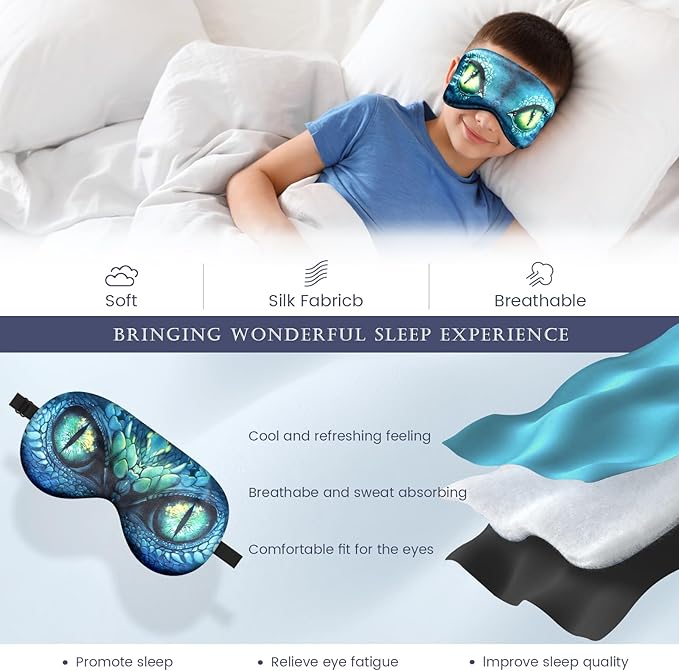 2 Pcs Sleep Mask for Kids Boys, Silk Eye Covers for Sleeping, Adjustable Strap & Light Blocking Design, Adult Children's Bedtime Blindfold for Travel and Home Use (Green Dinosaur Eyes) - Bloomnest