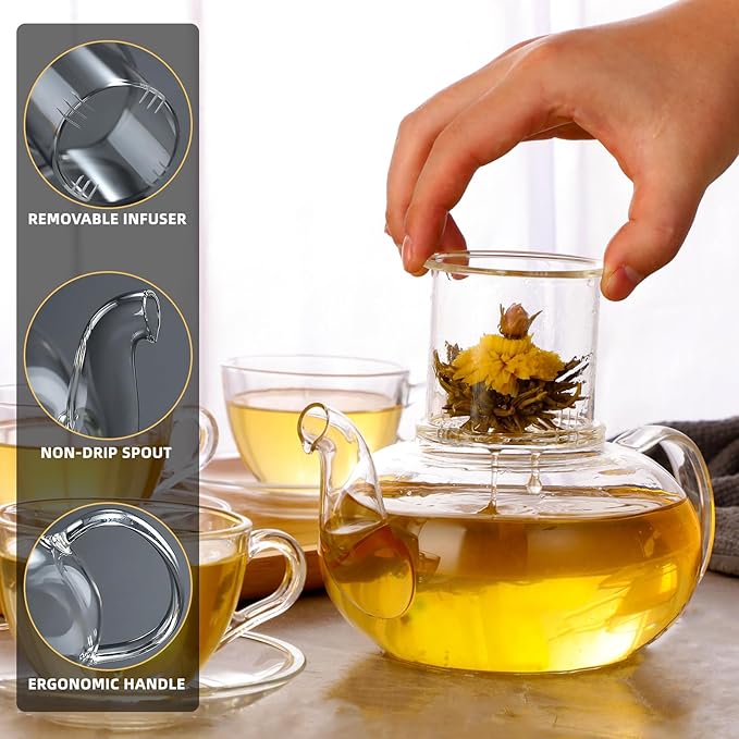 Glass Teapot Set, 40OZ/1200ml Stovetop Safe Glass Tea Kettle with Removable Infuser & Tea Warmer, Tea Cups and Saucers Set of 4, Blooming Tea & Loose Leaf Tea Maker Set for Women - Bloomnest