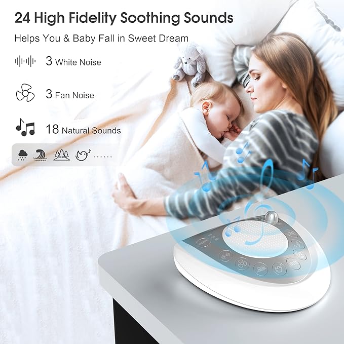 White Noise Machine, Portable Sleep Sound Machine with 24 Soothing Sounds, Timer & Memory Function, Headphone Jack, USB Charging, Powered by AC or Battery for Baby, Kids, Adults, Travel