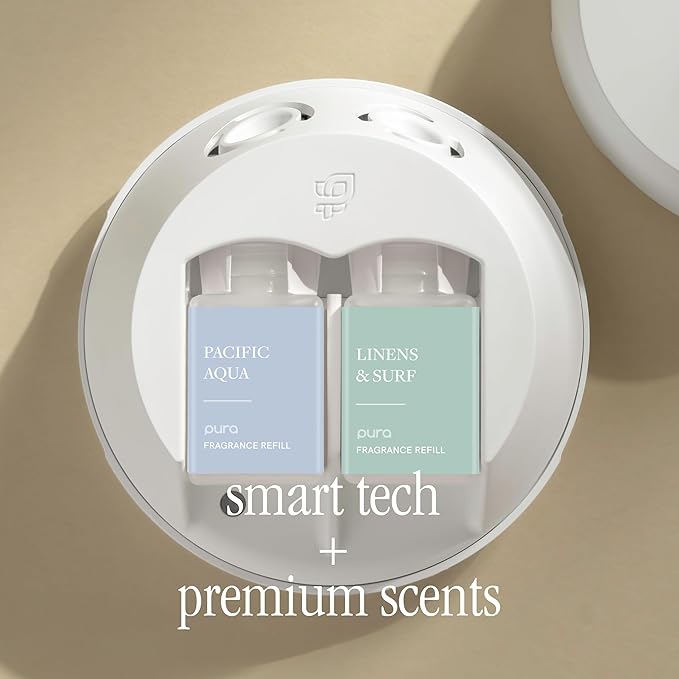 Pura - Smart Home Fragrance Device Starter Set - Pura 4 - Scent Diffuser for Home - Includes Fragrance Aroma Diffuser - Square Box, Pacific Aqua and Linens & Surf Scent Refills - Bloomnest