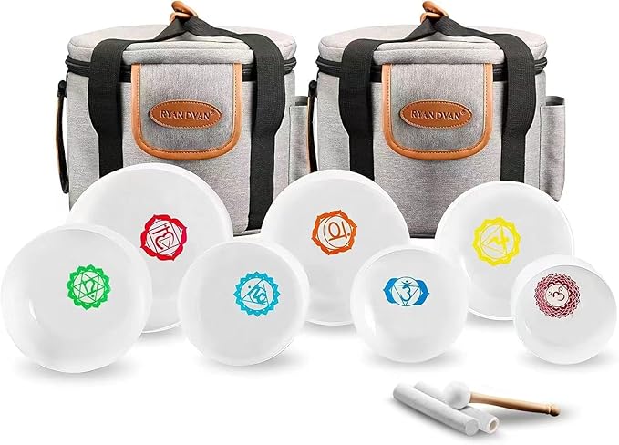 RYAN DVAN 432 hz 7-12 Inch Set of 7 Chakra Symbol Design Frosted Quartz Crystal Singing Bowl Set with Free 2 pcs Carrying Case - Bloomnest
