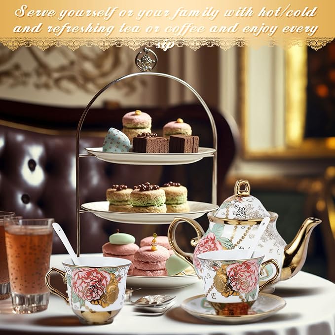 Zhehao 20 Pcs Porcelain Tea Set with Metal Holder and Spoon Adult Ceramic Tea Set European Flower Painting Teapot Cup Saucer Spoon for Women, Large Version(Bright Style) - Bloomnest