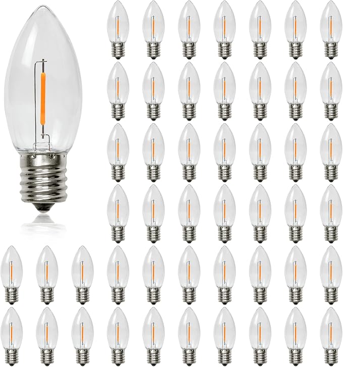 Waterproof C9 Replacement LED Light Bulbs –0.6W Equivalent to 7W, White Warm 2200K Outdoor String Lights E17 Base LED Light Bulbs, Clear Plastic, 50 Pack - Bloomnest