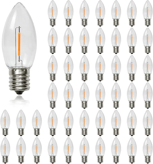 Waterproof C9 Replacement LED Light Bulbs –0.6W Equivalent to 7W, White Warm 2200K Outdoor String Lights E17 Base LED Light Bulbs, Clear Plastic, 50 Pack - Bloomnest