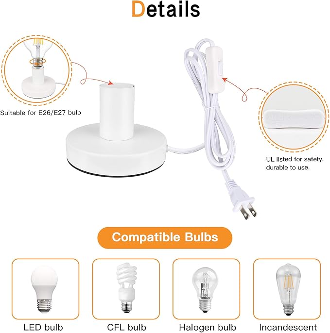 Helunsi Industrial Table Lamp Base - E26/E27 Edison Light Bulb Stand, Exposed Bulb, Simple Metal, 5.8ft Cord Switch Plug, White - Bloomnest