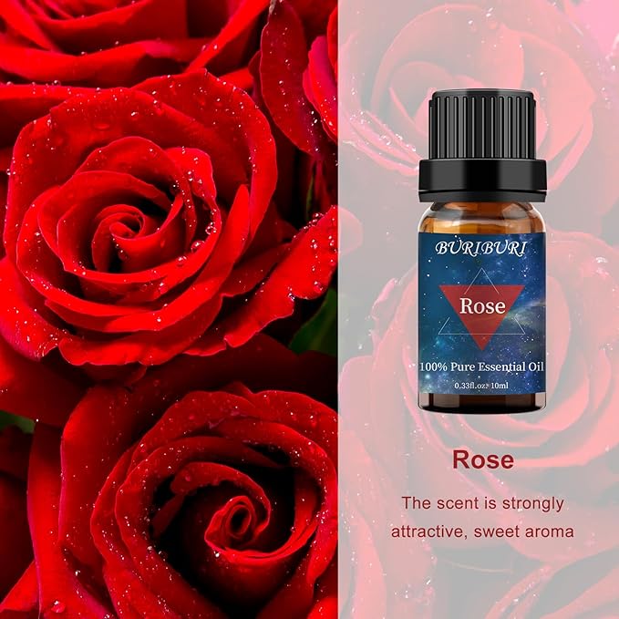 BURIBURI Rose Essential Oil for Diffuser, Massage, Soap, Candle, Perfume Making - 100% Pure, Undiluted, Natural, Organic Aromatherapy - 10ml - Romantic Rose Scented Oil for Women BURIBURI