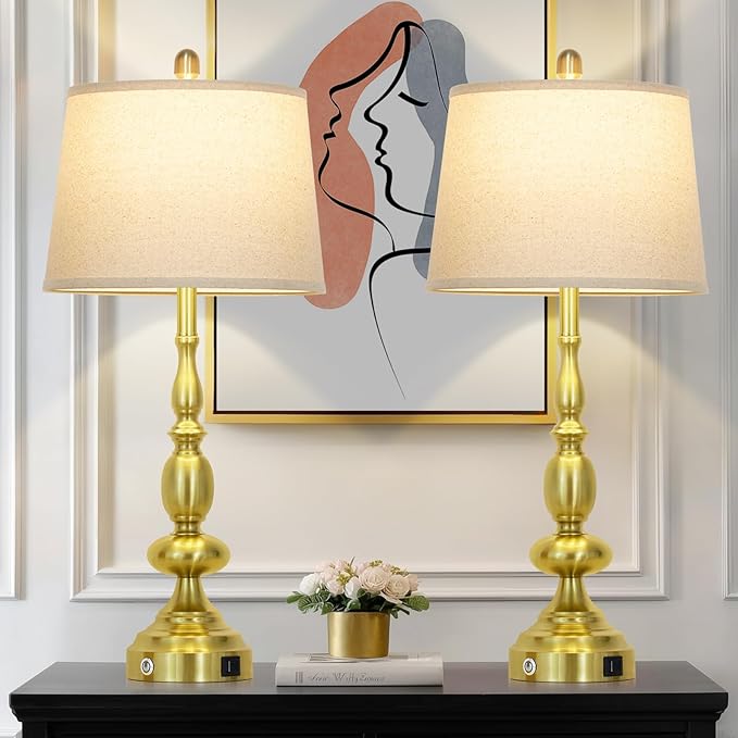 29" Modern Gold Table Lamps Set of 2, Industrial Touch Control 3-Way Dimmable Bedside Lamp with USB C+A Ports, Metal Farmhouse Nightstand Lamps for Living Room Bedroom End Tables(2 LED Bulbs Included) - Bloomnest