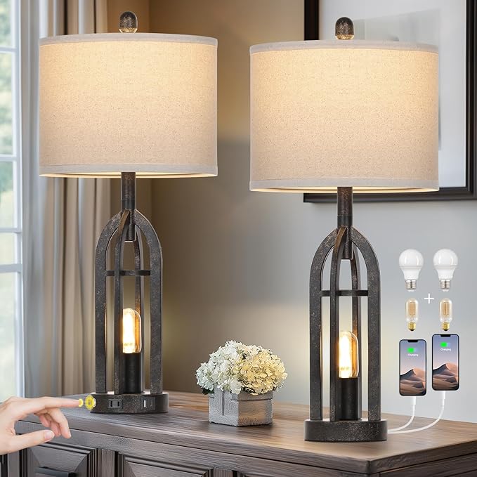 27" Rustic Table Lamps for Living Room - Farmhouse Lamps Set of 2 with USB C+A & Outlet, 3-Way Dimmable Touch Lamps for Night Stands, Vintage Bedside Lamp for End Tables,Bedroom,Bronze - Bloomnest