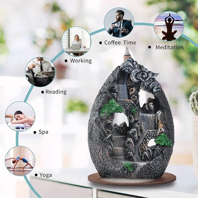 Backflow Incense Holder Resin Mountain Incense Burner Fountain Waterfall Incense Holders Home Decor with 120 Pcs Backflow Incense Cones 30 Pcs Incense Sticks (Creek) - Bloomnest