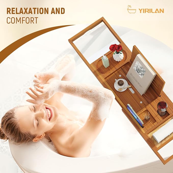 Yirilan Teak Bathtub Tray for Tub, Bath Table Tray for Tub Wood, Bathtub Caddy, Luxury Gift for House Warming, Wedding, Bridal Shower, Anniversary - Bloomnest