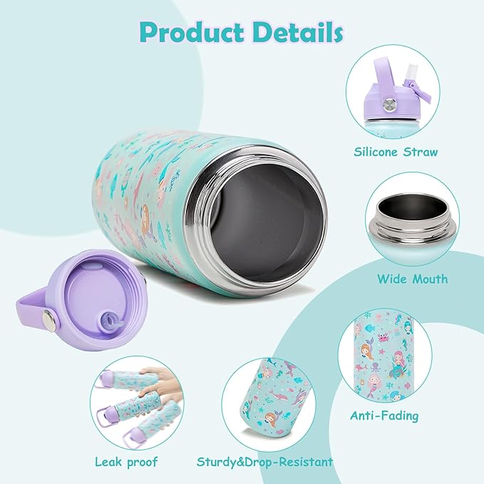 18oz Kids Insulated Water Bottle with Straw Lid - 18/8 Stainless Steel Kid Cup BPA-FREE Tumbler Double Wall Vacuum Leak Proof Portable Toddler Water Bottle for School (Purple Mermaid) - Bloomnest