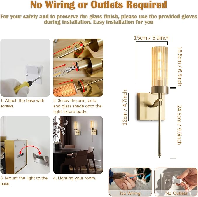 Battery Operated Wall Sconces Set of Two with Remote, Gold Rechargeable Wireless Wall Lights, Sconces Wall Decor Set of 2, Dimmable 2700K Battery Powered Sconce for Bedroom Living Room Hallway - Bloomnest