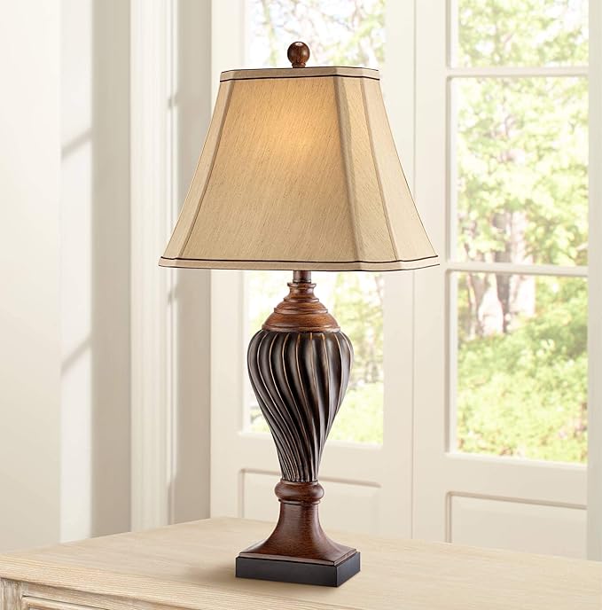 Regency Hill Traditional Style Table Lamp 28.5" Tall Carved Two Tone Brown Urn Shaped Ball Beige Fabric Rectangular Shade for Living Room Bedroom House Bedside Nightstand Home Office - Bloomnest