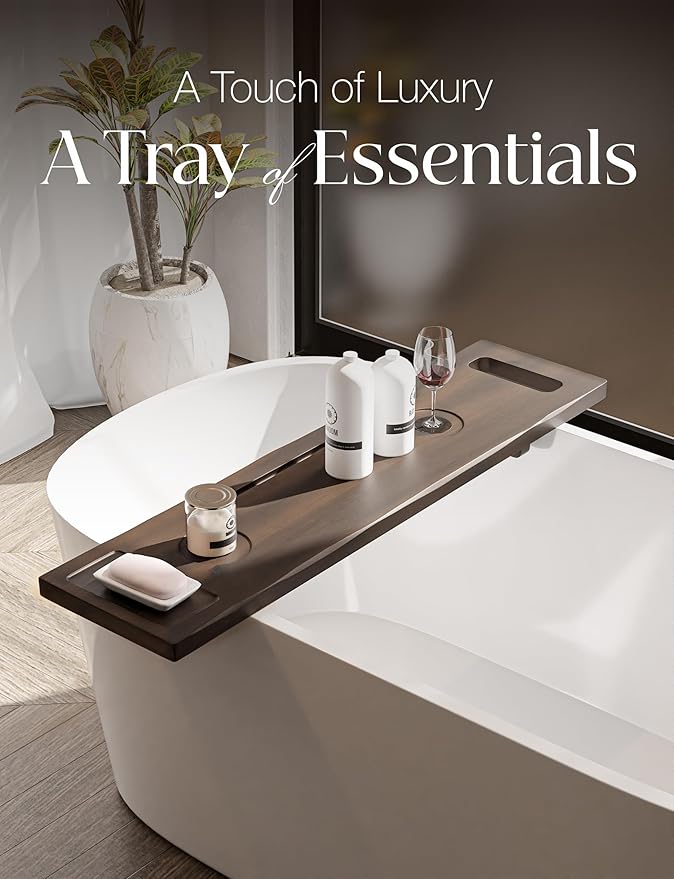 Tinamo Acacia Bathtub Tray Caddy with Adjustable Legs - Bath Tub Tray for Freestanding Tubs - 39x9.75 Inch Large Wooden Anti-Tipping Tub Tray for Bathtub with Accessories Holders (Walnut, 39x9.75) - Bloomnest