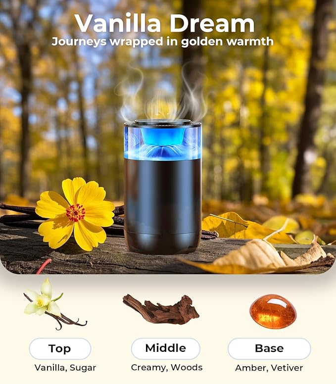 Smart Car Air Fresheners, Ambient Light & Mist Fragrance, Auto On/Off Car Air Freshener Diffuser, Adjustable Intensity, Lasts 6 Months, Built-in Battery, Premium Scents Refill X2 - Vanilla - Bloomnest