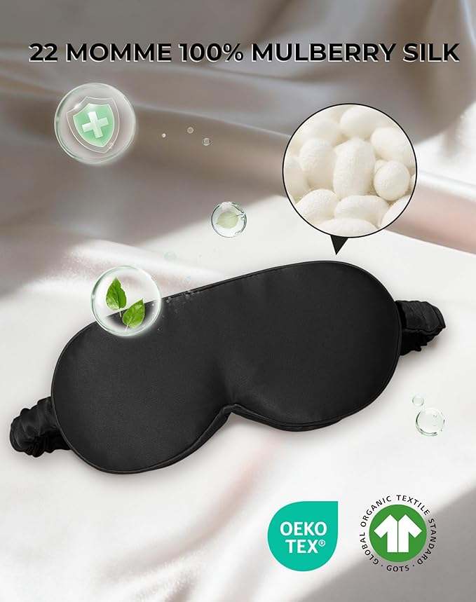 SilkSilky 100% 22 Momme Mulberry Silk Sleep Mask – Upgraded 3D Contoured Eye Mask with Nose Wing Pads & Adjustable Strap, Luxury Blackout Eye Cover for Women & Men (Black) - Bloomnest