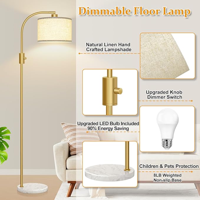 【Upgraded】 Dimmable Gold Floor Lamp, 1200 Lumens LED Bulb Included, Arc Floor Lamps for Living Room Modern Standing Lamp with Marble Base, Tall Lamp for Living Room Bedroom Office Reading Room Nursery - Bloomnest