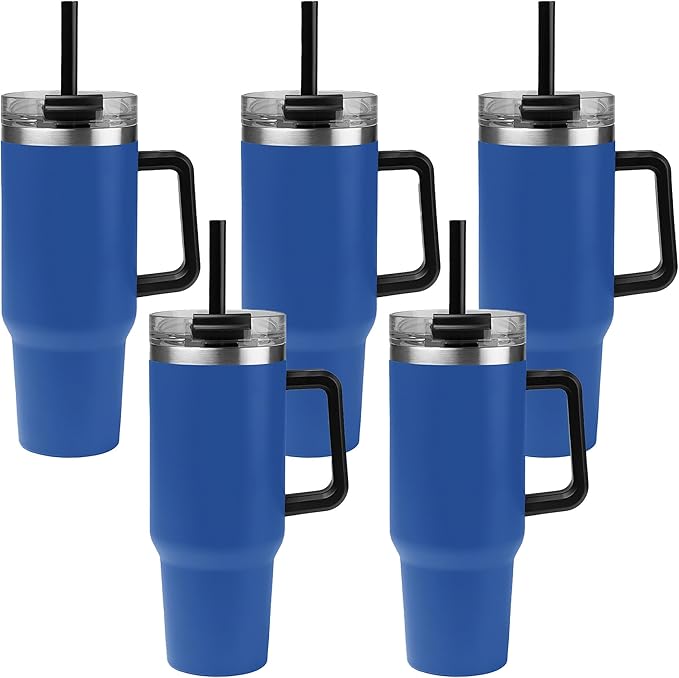 5 Ct of 40 Oz Intrepid Stainless Steel Tumbler with Lid, Straw & Handle – Blue – Customizable Insulated Cups for Water, Coffee, Hot & Iced Drinks – Great for DIY, Events, Work - Bloomnest