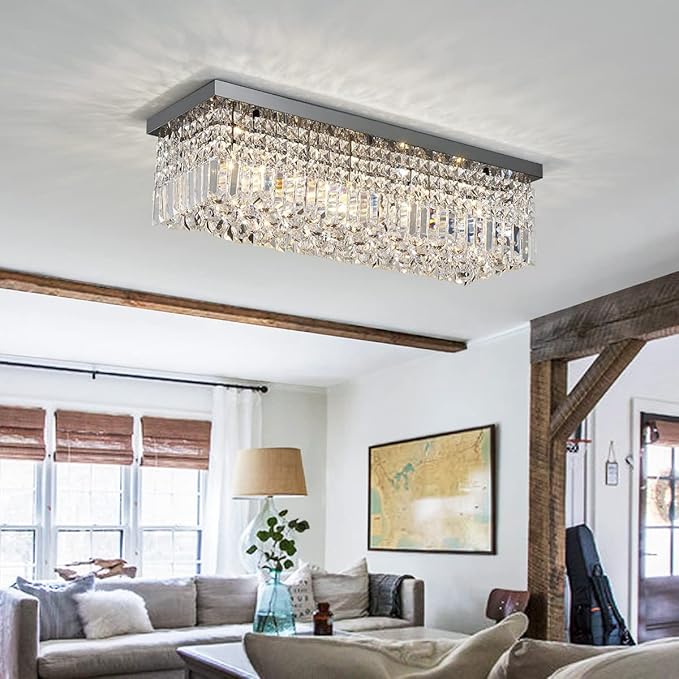 Saint Mossi 22010 5-Lights Modern K9 Crystal Chandelier, Island Design, Flush Mount Ceiling Light, H9 x W10 x L31, Clear Crystal & Pearl Black Finish - Bloomnest